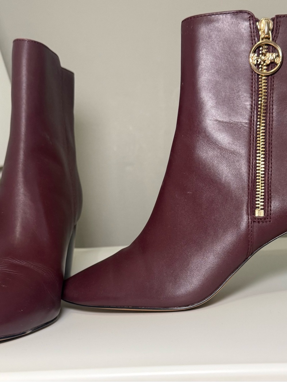 Coach Wine Leather Ankle Boots with Gold Zip Pull - Picture 3 of 13